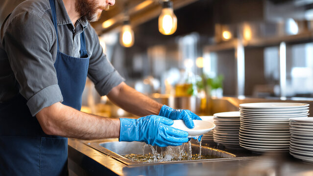 Restaurant staff washing dishes at kitchen sink, hygiene and service workflow