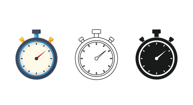 Stopwatch collection colorful outline and monochrome timekeeping devices isolated on white