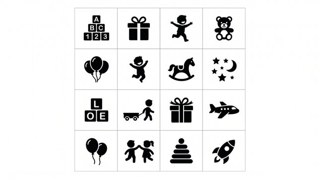 Black silhouette icons of children playing, toys, and outdoor activities, capturing joyful childhood moments in minimalist symbolic design.
