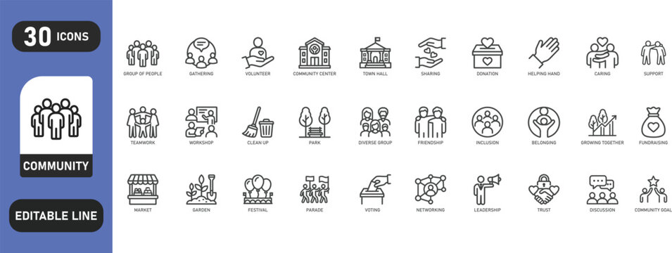 Community icons set. Contains linear outline icons like gathering, caring, support, festival, teamwork, friendship, growing together. Editable line. Vector illustrations.