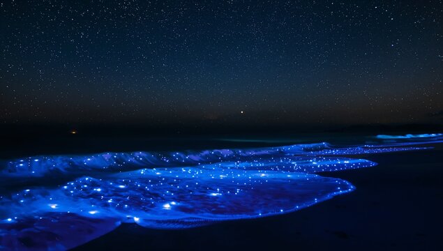 Glowing Bioluminescent Ocean Waves at Night with Starry Sky