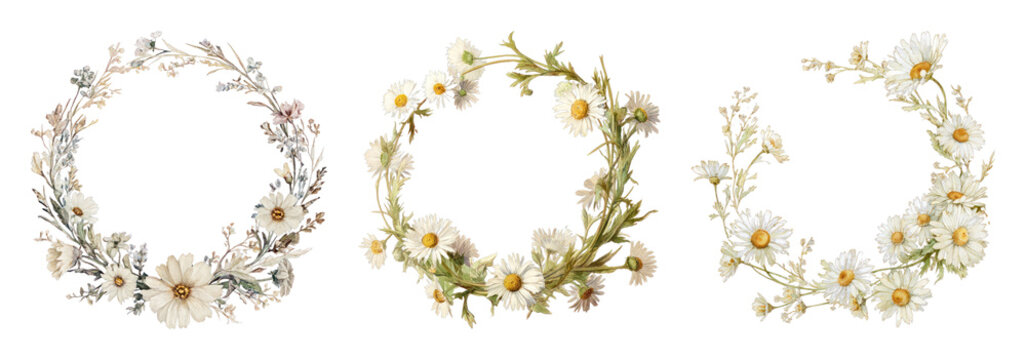PNG Elegant floral wreaths with daisies on transparent background