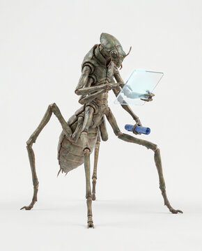 Insectoid Alien Engineer Using Holographic Blueprint