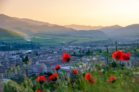 Beautiful summer sunset in city Vanadzor , Taron 4  kvartal and  Darbas village ,view from kamakatar ,  Armenia 