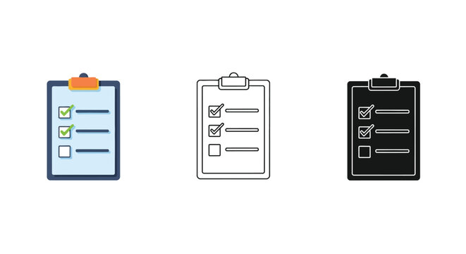 Clipboard checklist icons in various styles for business and productivity use