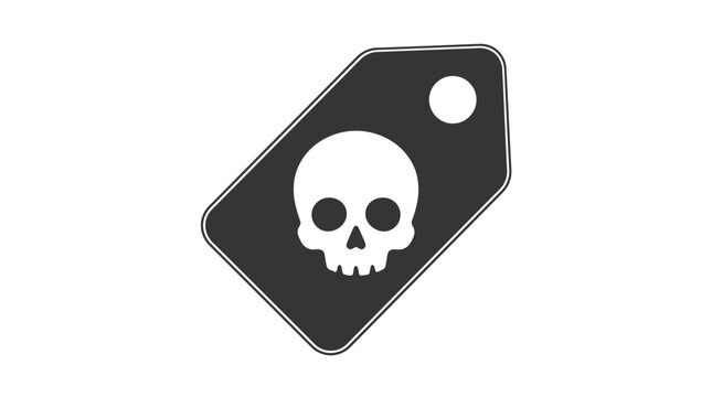 Minimalist vector illustration featuring a simple white skull icon displayed on a dark grey tag