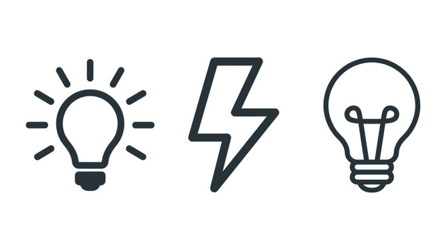 Minimalist vector graphic set showing two simple light bulb icons and one sharp lightning bolt