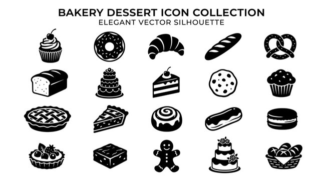 Bakery dessert icons in silhouette.