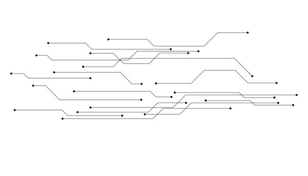 Minimalist black circuit board lines on a white background, representing electronic pathways, data flow, and, complex technological connectivity