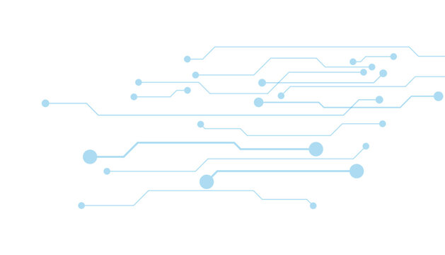 Bright blue circuit board lines with circular nodes on a white background, representing digital connectivity, and complex electronic pathways