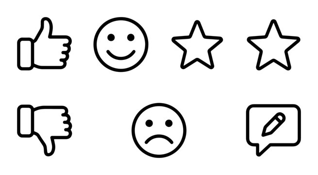 Customer Feedback Icons: Thumbs Up, Down, Smiley, Sad Face, Stars, Review Speech Bubble, Vector Set