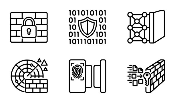 Cybersecurity Icons Set: Firewall, Binary Code Shield, Network, Radar, Fingerprint Scanner, Key Access