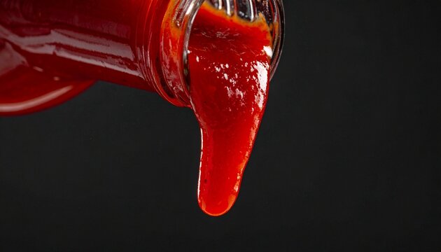 A close-up shot of thick, red ketchup pouring from a glass bottle against a dark background. The viscous liquid drips in a smooth stream, showcasing its rich texture and vibrant color