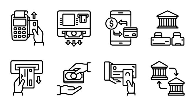 Financial Transaction Icons: ATM, Payment Terminal, Mobile Banking, Bank Transfer, Check Deposit, Cash Handling