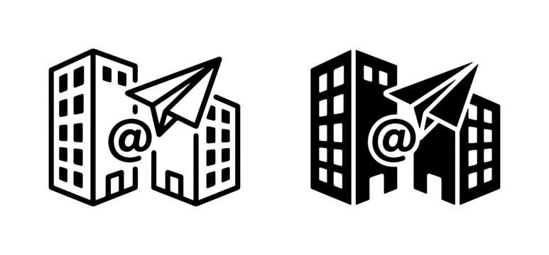 Business Email Communication Icons: Corporate Buildings, Paper Airplane, At Symbol, Vector Set