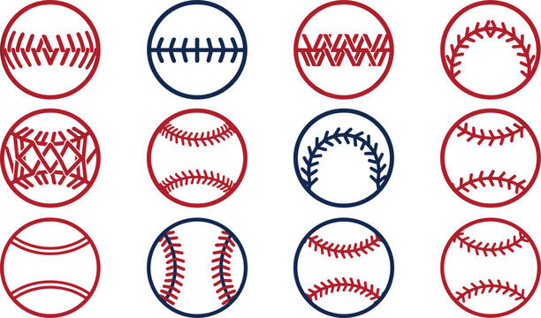 Red and Blue Baseball Ball Icon Set with Diverse Lace Stitches Patterns for Sports Team Branding Logos and Athletic Graphic Designs