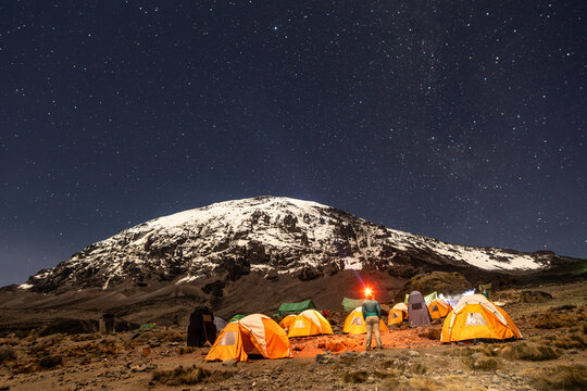 Mount Kilimanjaro. Kilimanjaro National Park in Tanzania, Africa. Trekking and climbing to the summit. Night view.