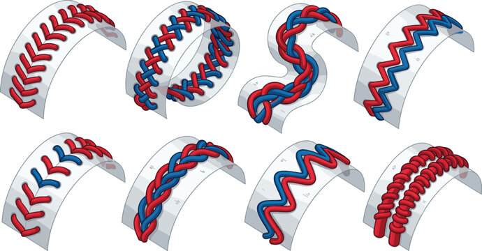 Red and Blue Isometric Baseball Laces and Softball Stitches 3D Vector Ribbon Set for Sports App UI Graphics and Athletic Team Branding Designs