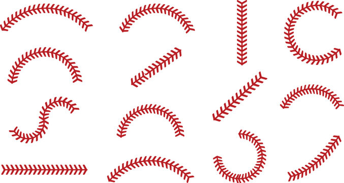 Red Baseball Laces and Curved Softball Seam Stitches Set with Straight Diagonal and S Shape Borders for Sports Apparel and Team Logo Designs