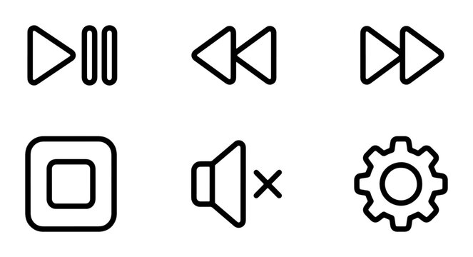 Minimalist Vector Icons: Play, Pause, Rewind, Fast Forward, Stop, Mute, Settings. Clean Interface Controls for Digital Media.