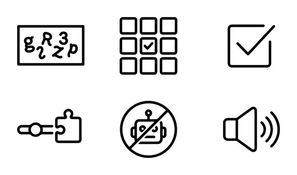 Abstract Math Symbols, Grid Selection, Checklist, Puzzle Piece Connection, No Robot, Audio Volume Icons Set