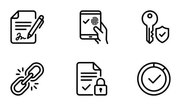 Digital Security Icons: Signature, Fingerprint Scan, Key Lock, Link, Document Verification, Timer Checkmarks