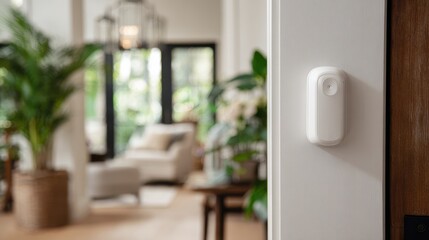 Fototapeta premium Smart home sensor device mounted on a white wall in a modern interior