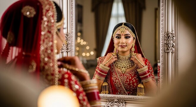 Stunning indian bride adjusting her jewelry in a mirror reflection