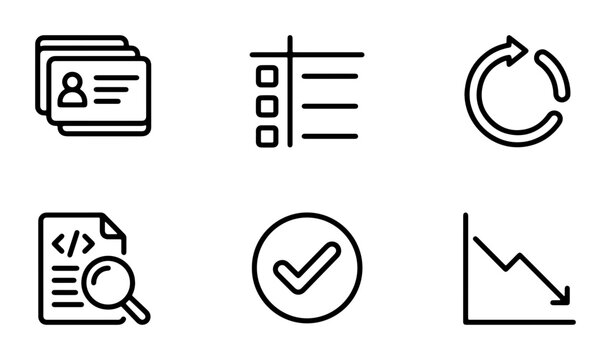 Modern Business Icons Set: Data Analysis, Checklist, Refresh, Document Search, Success Checkmark, Downtrend Graph