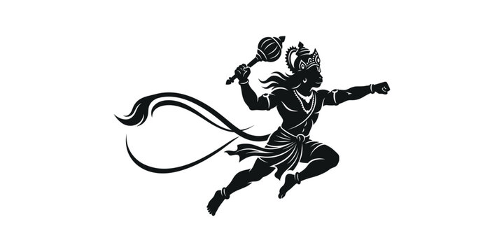 Black silhouette illustration of hindu deity lord hanuman holding a gada mace