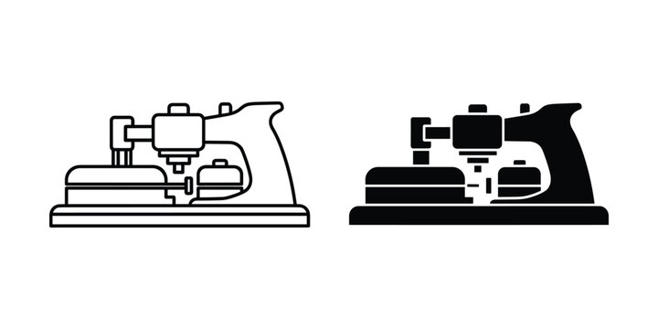 Vintage sewing machine outline with solid fill on white background representing retro craft and tailoring