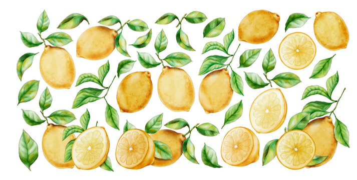 Watercolor Lemon Fruits with Leaves. Hand Drawn Elements for Organic Packing Design or Products Decoration. Citrus Clipart Set. Transparent.