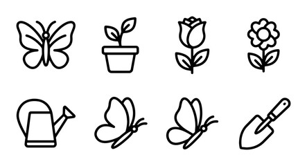 Spring Garden Icons: Butterfly, Flower, Plant Pot, Rose, Watering Can, Trowel Set. Nature & Growth Vector Graphics. © Ehsan