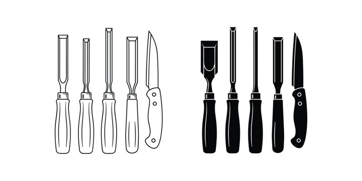 Woodworking chisels and a carving knife set in line art and solid silhouette on white background