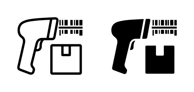 Barcode Scanner and Package Icons, Logistics and Retail Technology, Shipping and Inventory Management Symbols