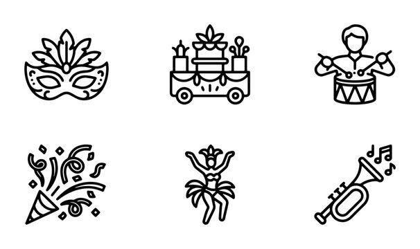Carnival Icons Set: Masquerade Mask, Parade Float, Drummer, Confetti Popper, Dancer, Trumpet. Festive celebration vector graphics.