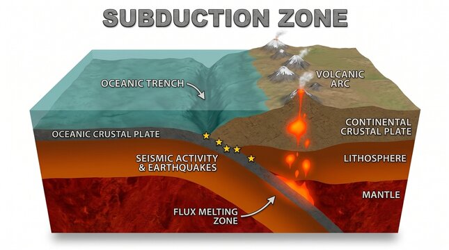 Educational diagram of a geological subduction zone