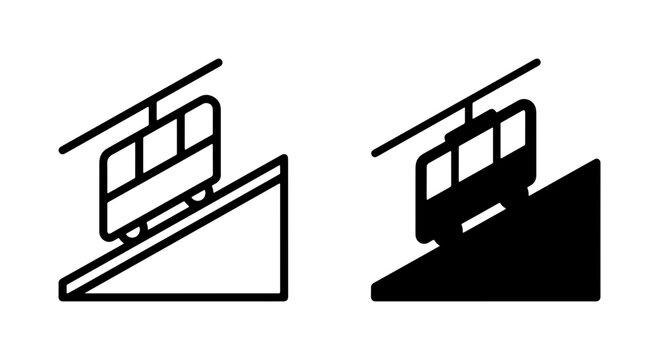 Funicular Cable Car Icons, Steep Hill Transport Vector Graphics, Outline and Solid Fill Styles