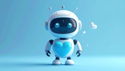 Naklejka premium Cute Robot with Blue Heart, AI Technology, Love Concept, Adorable Character