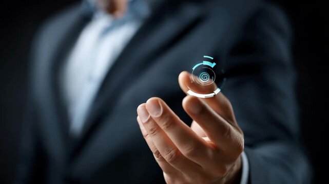 Man holds holographic target symbol in hand, demonstrating technology in a business setting