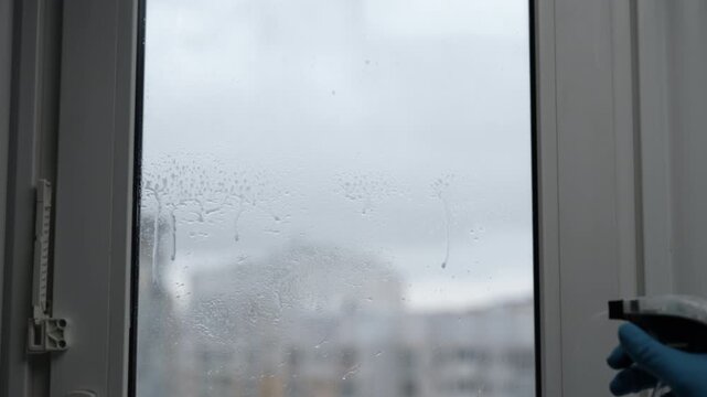 Close-up gloved hand of professional cleaner wearing blue protective gloves spraying special detergent onto window pane for cleaning, with blurred cityscape visible through glass on cloudy day.