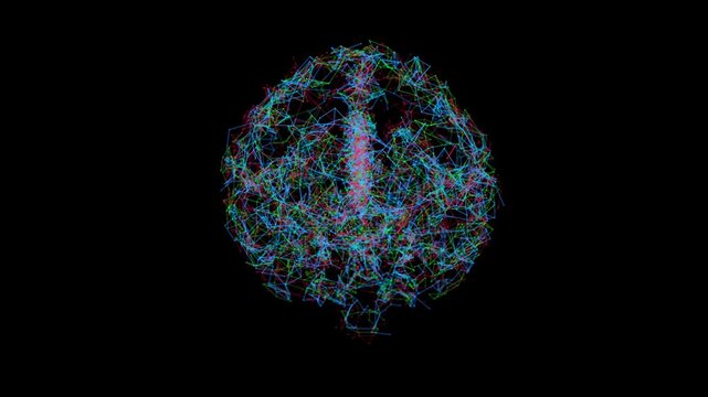 Colorful connected network in the shape of the human brain. 4k seamless loop