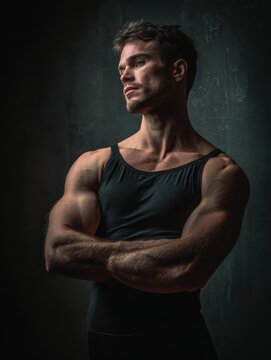Male ballet dancer posing confidently against a dark background