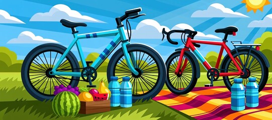 Fototapeta premium Bicycles parked beside picnic blanket with fruit and water bottles on sunny summer day