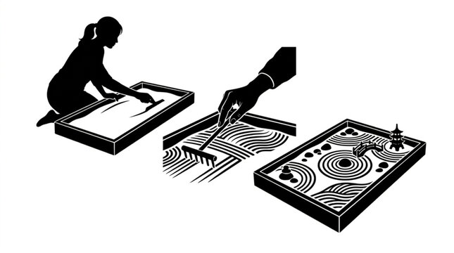 Japanese zen garden creation process infographic with woman smoothing sand hand raking wave patterns and finished miniature desktop rock garden with pagoda and bridge vector illustration