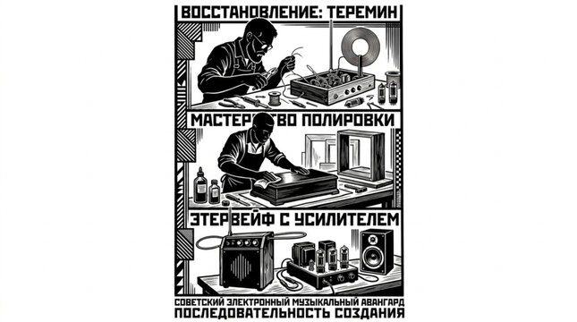 Vintage Russian theremin building process infographic with technician wiring electrical circuits carpenter polishing wooden cabinet housing and finished tube amplifier speaker set vector illustration