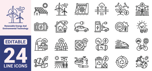 Fototapeta premium Renewable Energy and Environmental Technology Thin Line Icon Set. Vector Outline Icons for Green Power, Smart Home Efficiency, Carbon Reduction, and Sustainable Logistics.