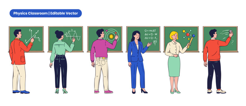 Physics teacher vector classroom illustration standing at blackboard teaching science lesson set. Diverse school education characters writing formula, drawing solar system, molecule and wave graphics.