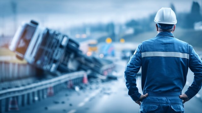 Engineer inspecting construction site with crane accident and fallen load