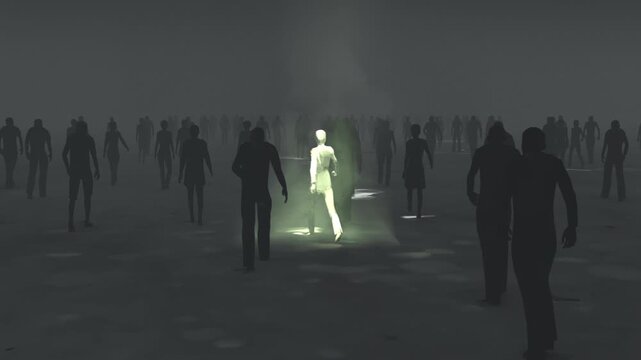 Female stylised character illuminated walking through a silhouetted crowd.